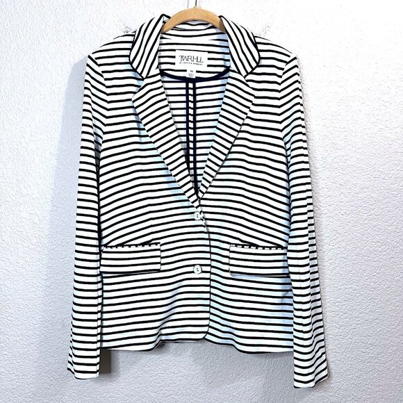 Navy Blue Stripes Ponte Knit Blazer Jacket Nautical Paris Preppy Women XS - Picture 2 of 8